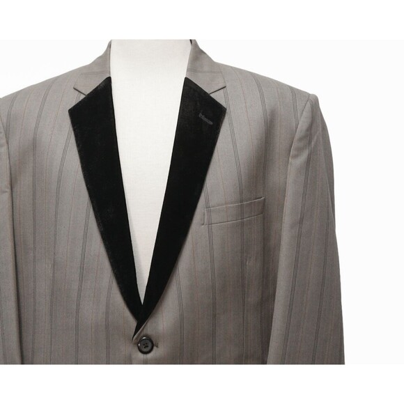 Mens Blazer Beige Striped Velvet Lapel Formal Suit Jacket Wedding Sport Coat 46R - Picture 4 of 7